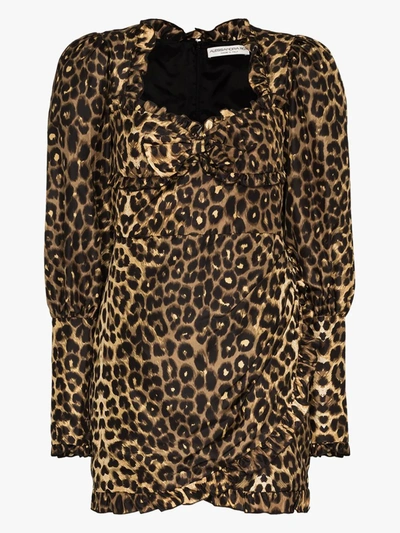 Shop Alessandra Rich Leopard Print Silk Puff Sleeve Dress In Brown