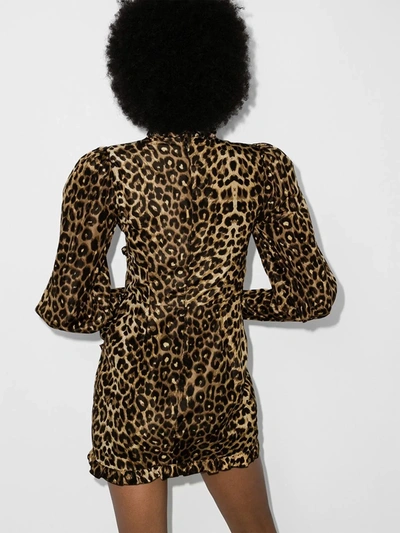 Shop Alessandra Rich Leopard Print Silk Puff Sleeve Dress In Brown