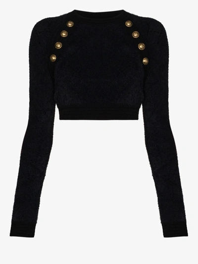 Shop Balmain Fluffy Cropped Sweater In Black