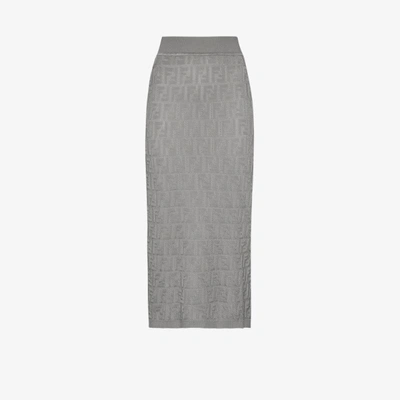 Shop Fendi High Waist Knit Midi Skirt In Grey
