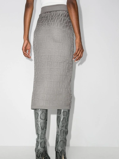 Shop Fendi High Waist Knit Midi Skirt In Grey