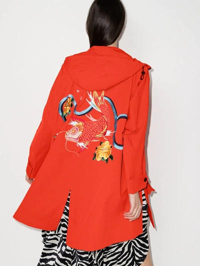 Shop Angel Chen Orange Embroidered Hooded Parka Coat