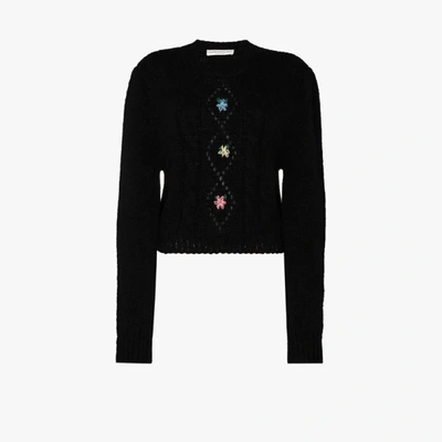 Shop Alessandra Rich Black Floral Embroidered Knitted Sweater