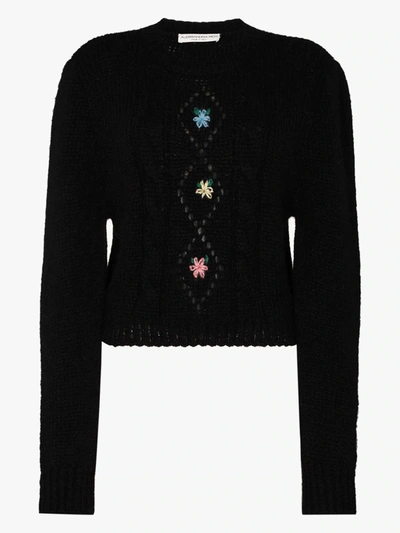 Shop Alessandra Rich Black Floral Embroidered Knitted Sweater