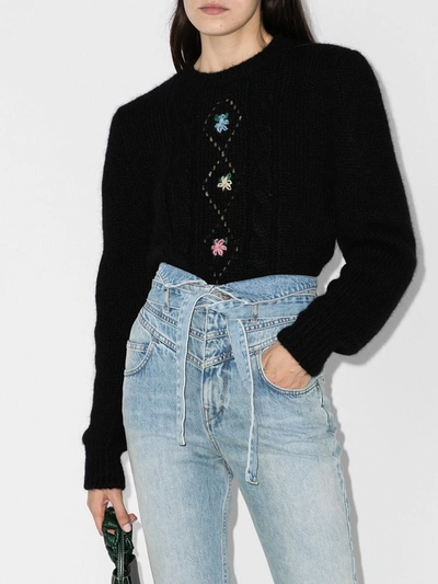 Shop Alessandra Rich Black Floral Embroidered Knitted Sweater