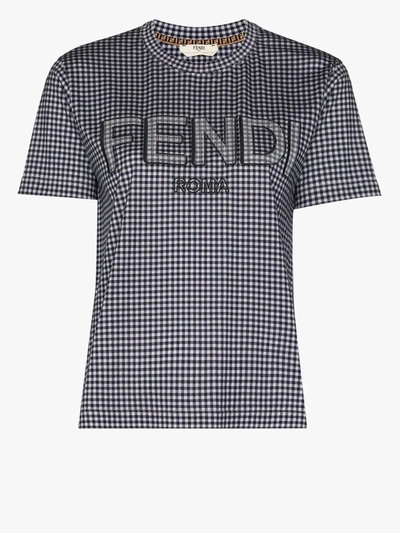 Shop Fendi Vichy Gingham Logo Cotton T-shirt In Blue