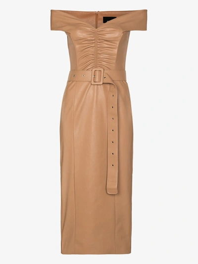 Shop Anouki Bardot Faux Leather Off-the-shoulder Dress In Brown
