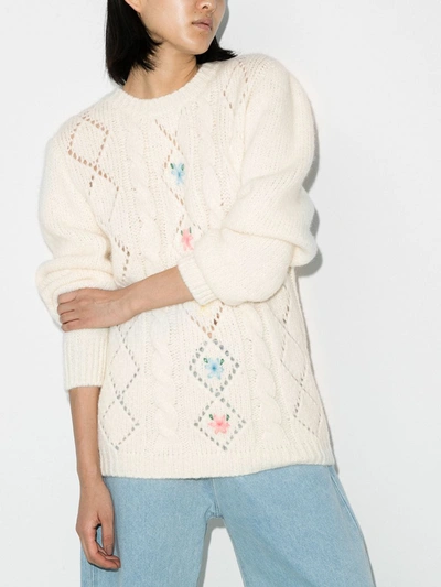 Shop Alessandra Rich Embroidered Pointelle Knit Sweater In White