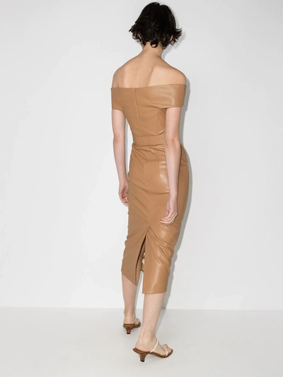 Shop Anouki Bardot Faux Leather Off-the-shoulder Dress In Brown