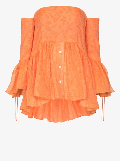 Shop Rosie Assoulin Off-the-shoulder Ruffled Blouse In Orange