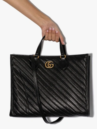 Shop Gucci Black Gg Marmont Medium Leather Tote Bag