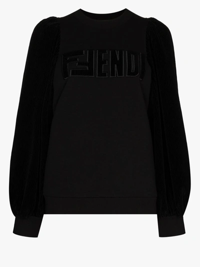 Shop Fendi Velvet Sleeve Sweatshirt In Black