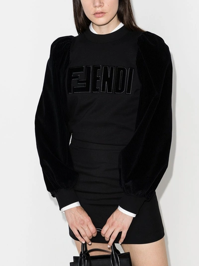 Shop Fendi Velvet Sleeve Sweatshirt In Black