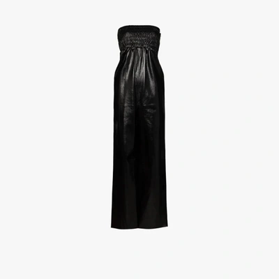 Shop Bottega Veneta Strapless Wide Leg Leather Jumpsuit In Black