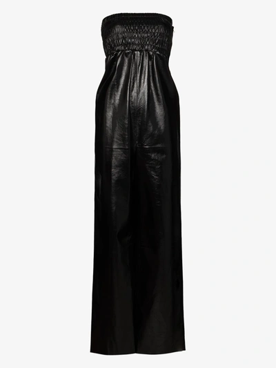 Shop Bottega Veneta Strapless Wide Leg Leather Jumpsuit In Black