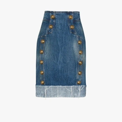 Shop Balmain Buttoned Denim Pencil Skirt In Blue