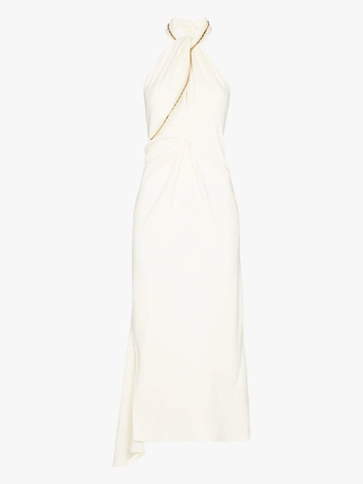 Shop Victoria Beckham Neutrals Asymmetric Chain Halterneck Dress