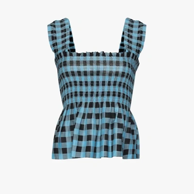 Shop Ganni Checked Smocked Top In Blue