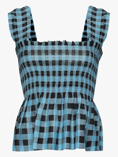 Shop Ganni Checked Smocked Top In Blue