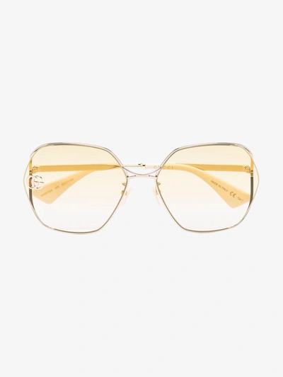 Shop Gucci Gold Tone Fork Square Sunglasses In Yellow