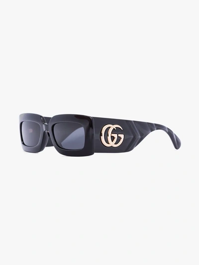 Shop Gucci Black Matelassé Rectangular Sunglasses