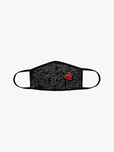 Shop Dolce & Gabbana Black Heart Monogram Print Face Mask