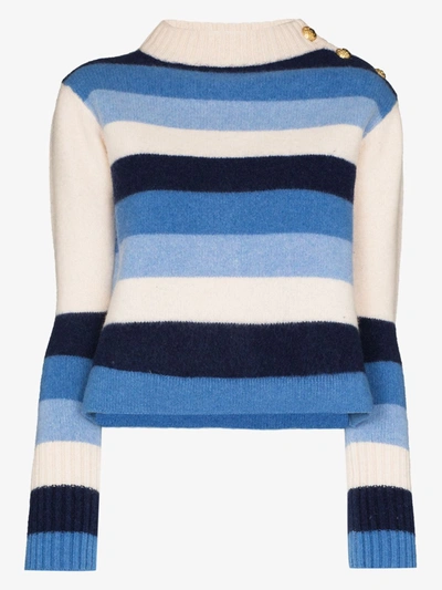 Shop Wales Bonner Striped Buttoned Wool Sweater In Blue