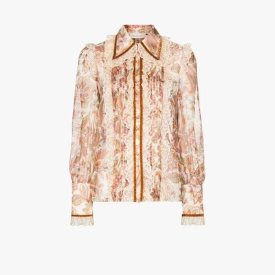 Shop Zimmermann Lucky Lace Collar Silk Blouse In Neutrals