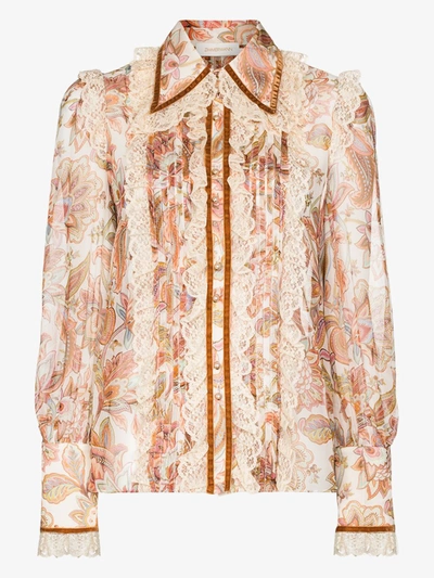 Shop Zimmermann Lucky Lace Collar Silk Blouse In Neutrals