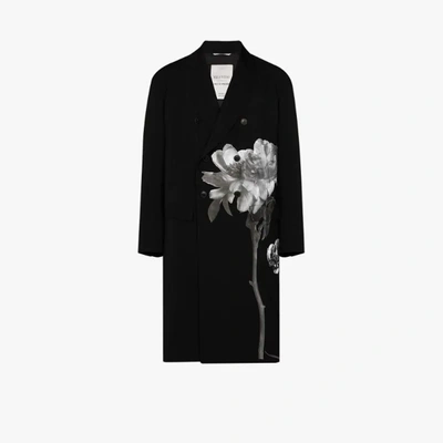 Shop Valentino Floral Double-breasted Wool Coat In Black