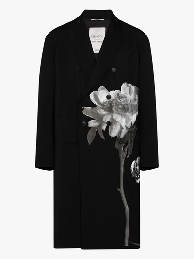 Shop Valentino Floral Double-breasted Wool Coat In Black