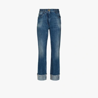 Shop Balmain Turn-up Straight Leg Jeans In Blue
