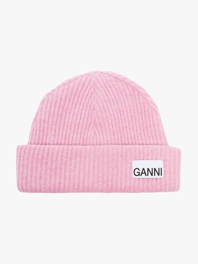 Shop Ganni Pink Ribbed Beanie Hat