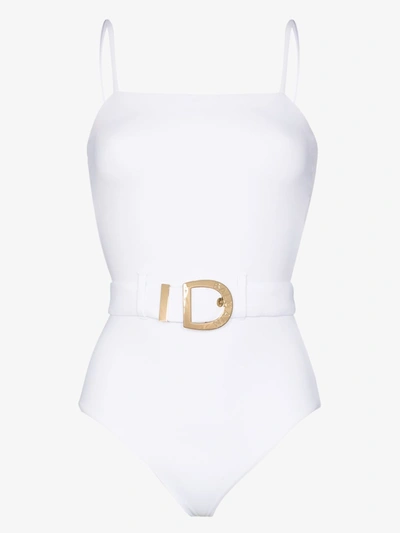 Shop Balmain Buckled Belt Swimsuit In White