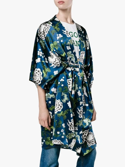 Shop Adam Lippes Floral Print Silk Kimono Jacket In Blue