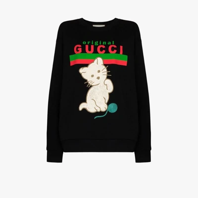 Margaret Mitchell vreemd impliciet Gucci Embroidered Cat Logo Sweatshirt In Black | ModeSens