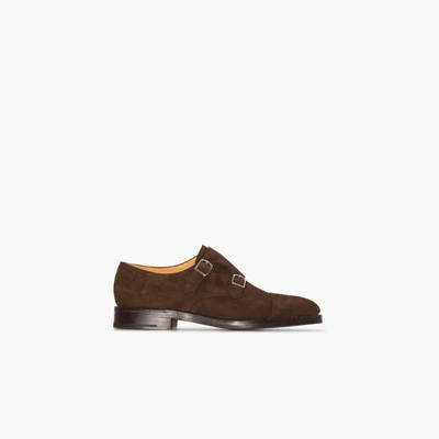 Shop John Lobb Brown William Buckled Suede Monk Shoes