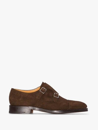 Shop John Lobb Brown William Buckled Suede Monk Shoes