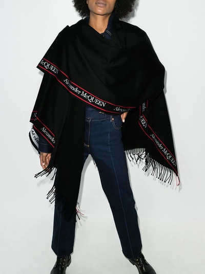 Shop Alexander Mcqueen Selvedge Fringed Wool Cape In Black