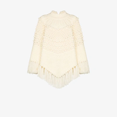 Shop Saint Laurent Cable Knit Tasseled Wool Poncho In Neutrals