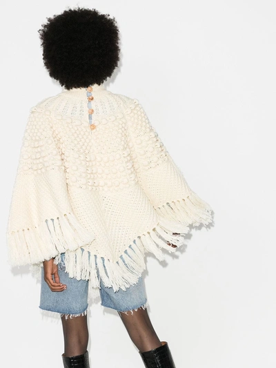Shop Saint Laurent Cable Knit Tasseled Wool Poncho In Neutrals