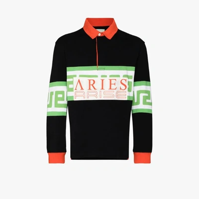 Shop Aries Meandros Long Sleeved Cotton Polo Shirt In Black