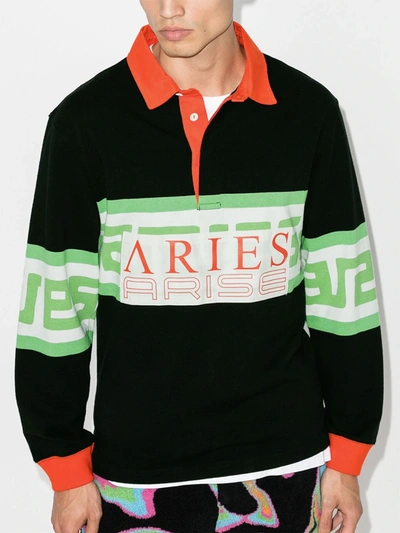 Shop Aries Meandros Long Sleeved Cotton Polo Shirt In Black
