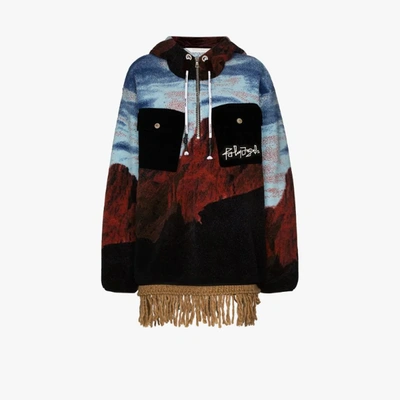 Shop Palm Angels Canyon Print Fringed Hoodie In Blue