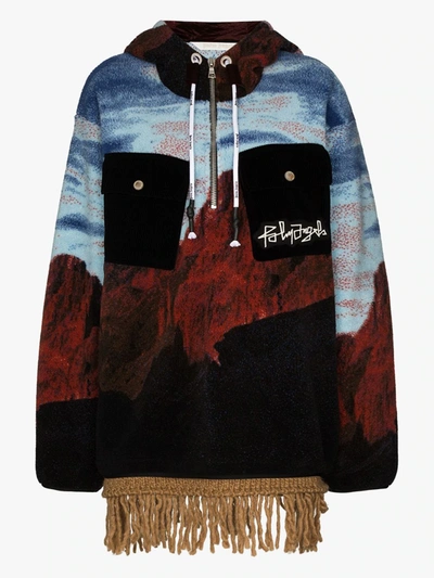 Shop Palm Angels Canyon Print Fringed Hoodie In Blue