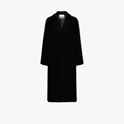 Shop Ganni Belted Bouclé Coat In Black