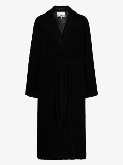 Shop Ganni Belted Bouclé Coat In Black