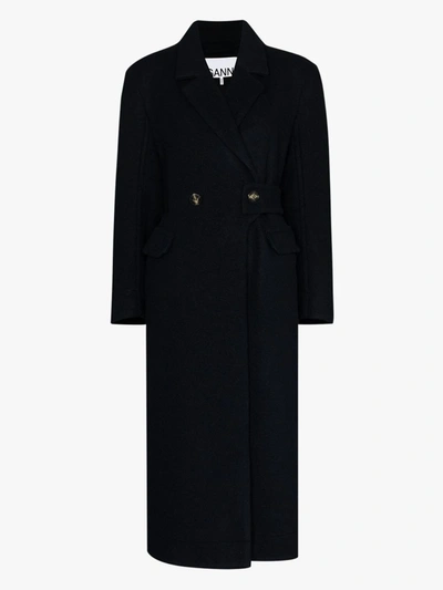 Shop Ganni Double-breasted Long Wool Coat In Blue