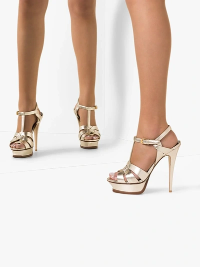 Shop Saint Laurent Gold Tone Tribute 105 Metallic Leather Platform Sandals In Neutrals