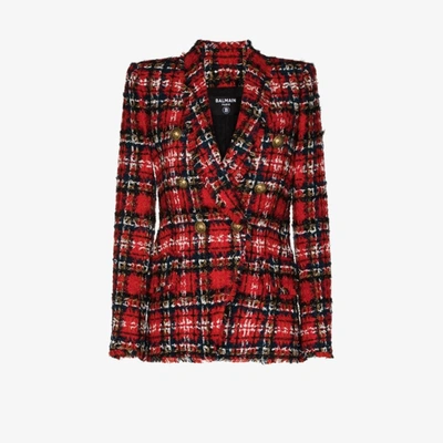 Shop Balmain Tartan Tweed Double-breasted Blazer In Red